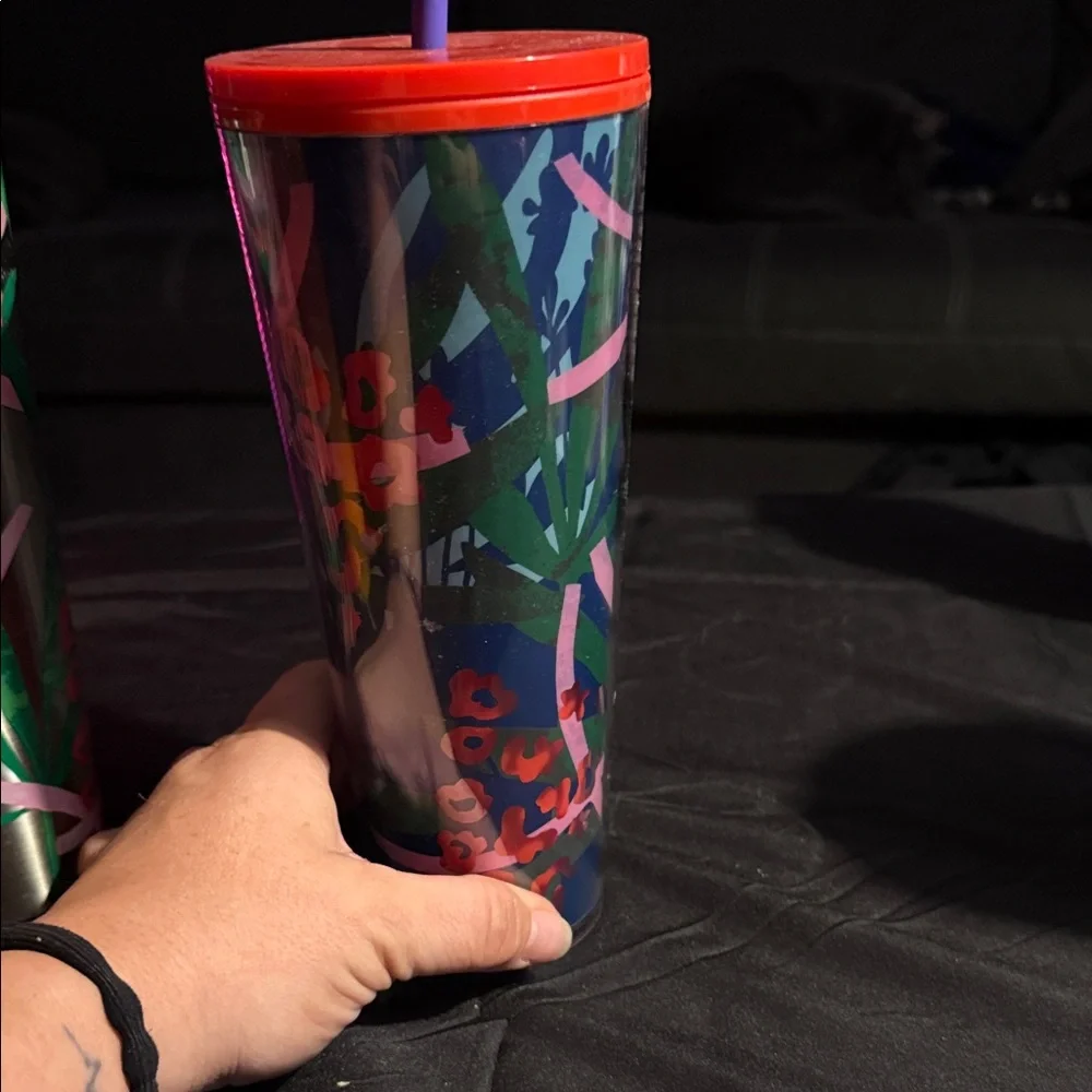 Starbucks Multicolor Floral Pattern Tumbler Set with Green and Red Accents
